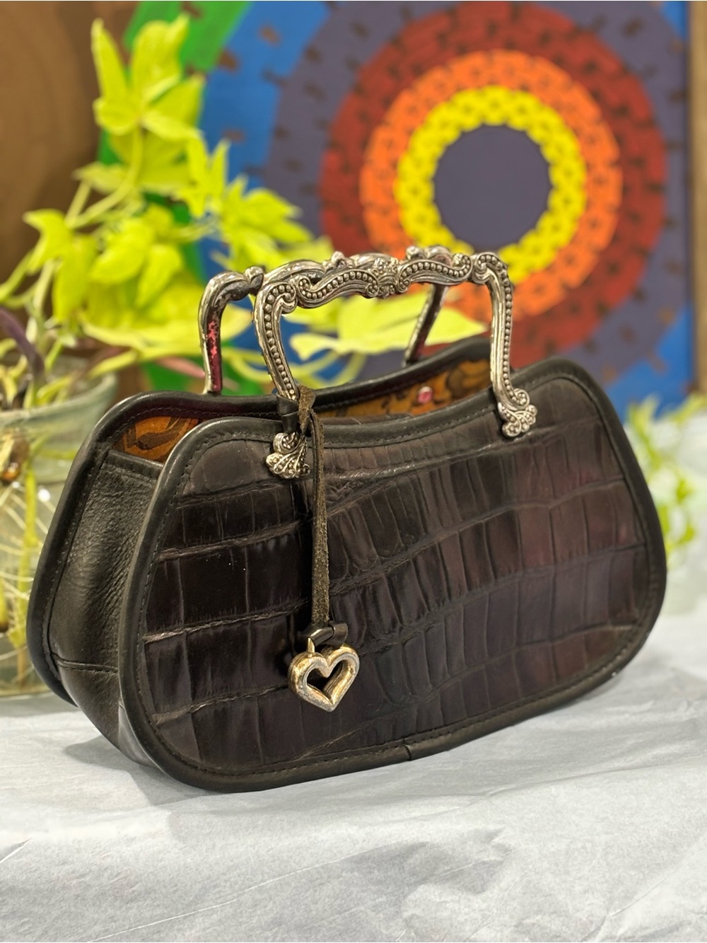 Vintage BRIGHTON Florentina Black Croc Leather Handbag Silver Metal Handle